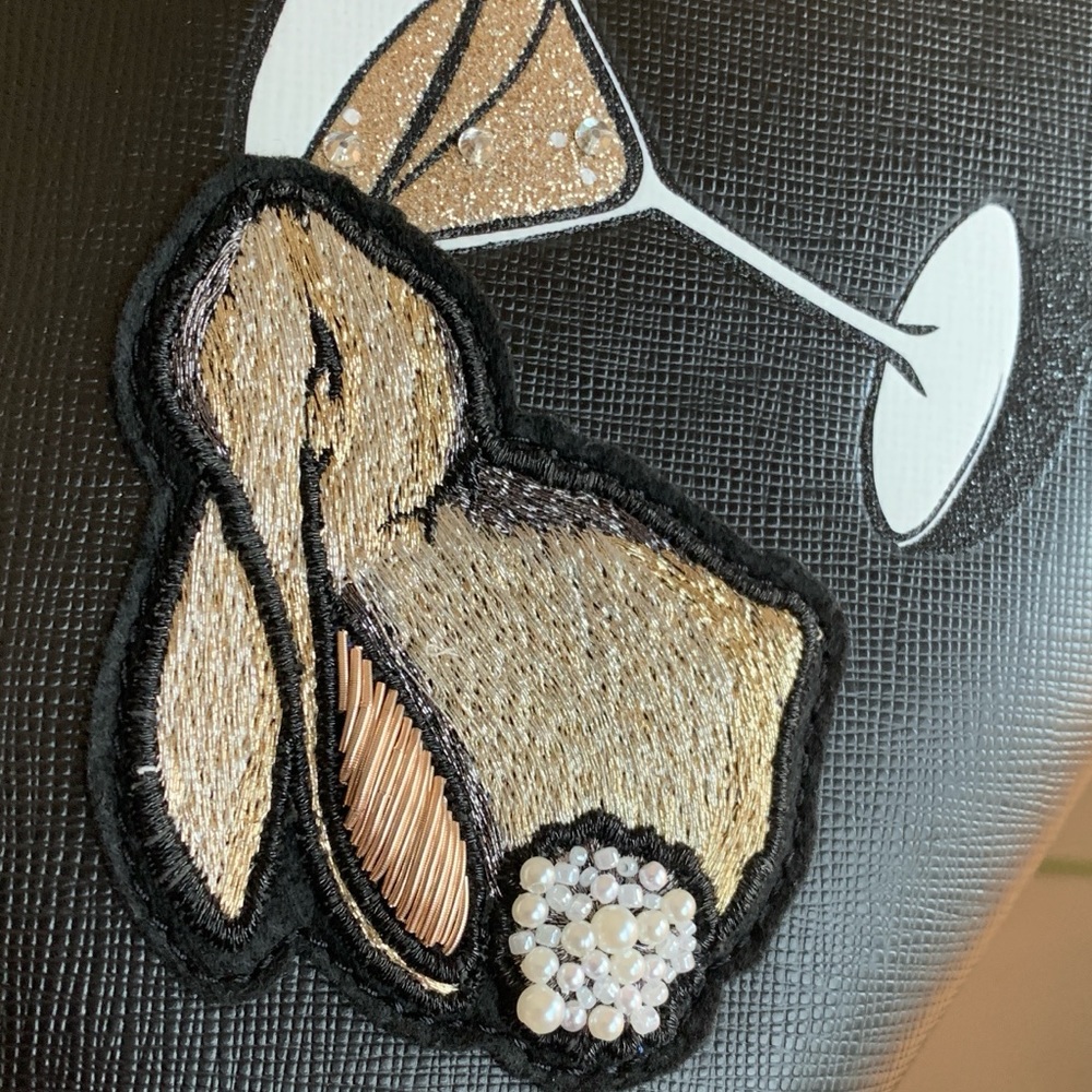 Authentic KATE SPADE leather large zip top wristlet Bunny glitter pearls - Picture 7 of 11